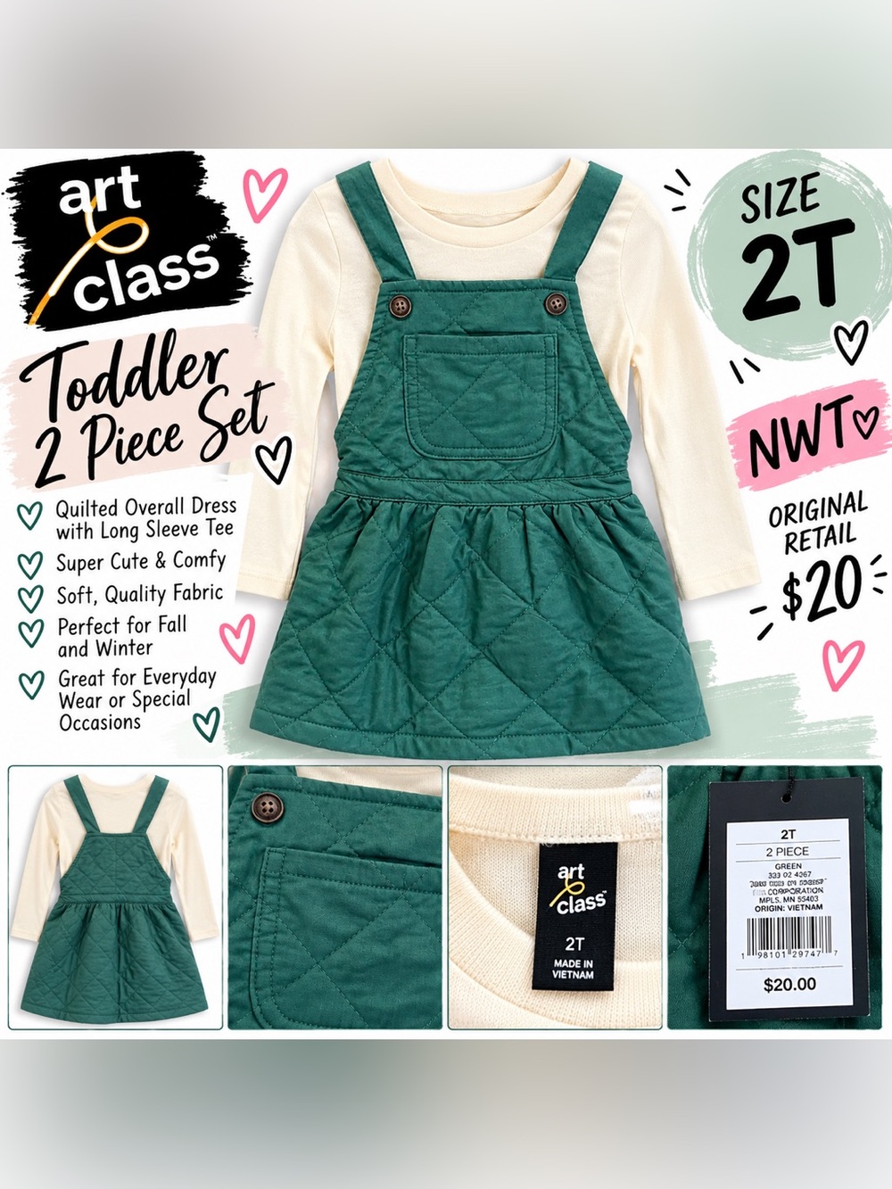 art class Quilted Green Overall Dress with Cream Long-Sleeve Tee - 2T